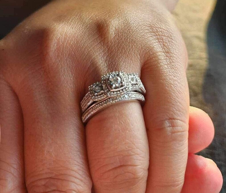Bridal Ring Set — 3-Stone Past Present Future Moissanite
