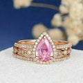3Ct Pear Shape Pink Sapphire Trio Ring Set 14K Rose Gold Finish, Women's Engagement Wedding Band Ring Set, Best Gift For Bridal