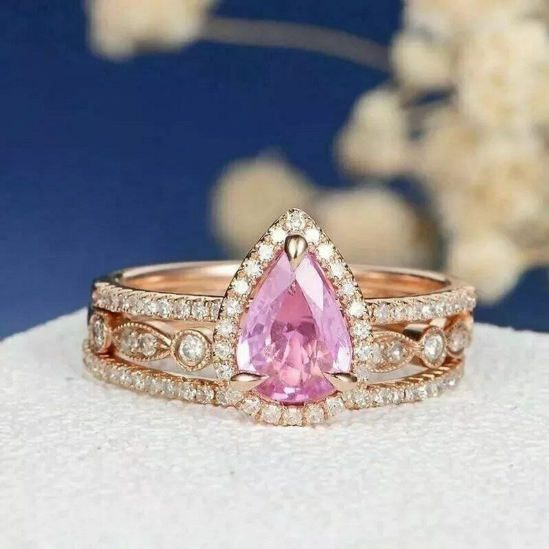 3Ct Pear Shape Pink Sapphire Trio Ring Set 14K Rose Gold Finish, Women's Engagement Wedding Band Ring Set, Best Gift For Bridal