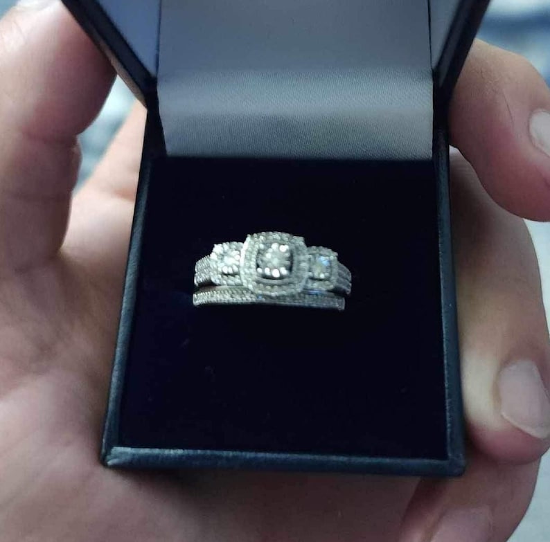 Bridal Ring Set — 3-Stone Past Present Future Moissanite