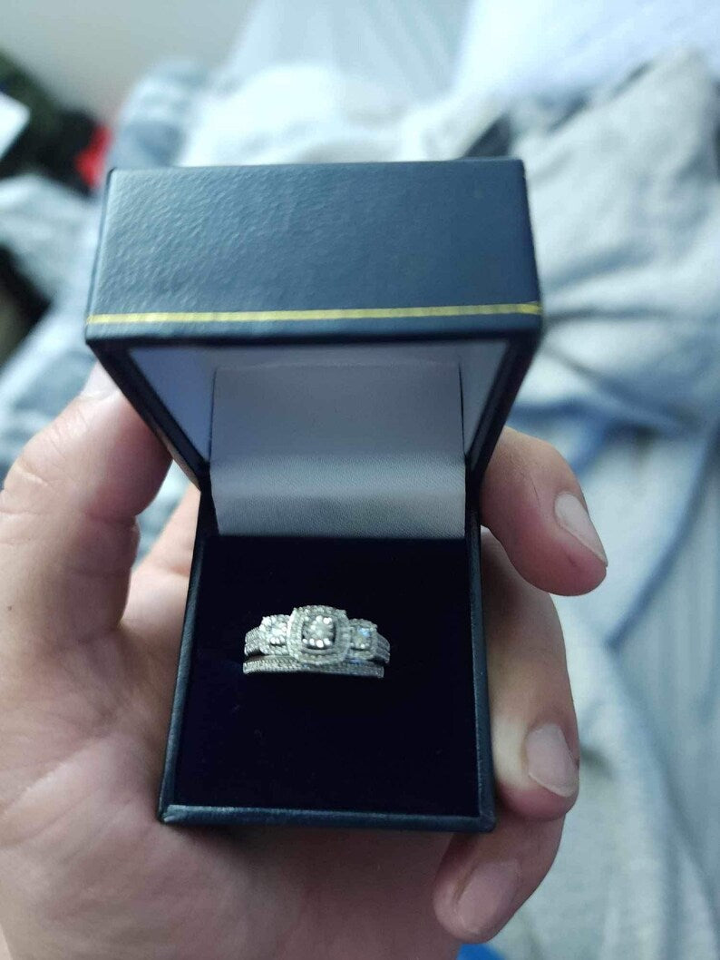 Bridal Ring Set — 3-Stone Past Present Future Moissanite