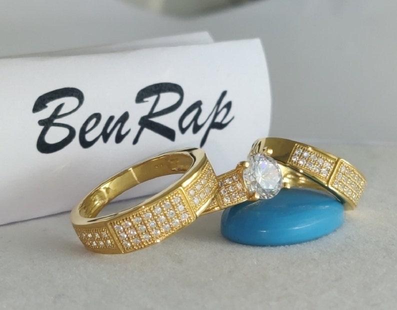 Bridal Trio Ring Set - Sparkling Diamond, Yellow Gold Finish - view 2