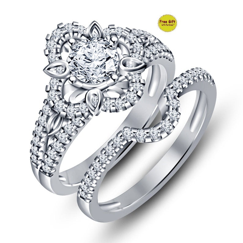 14k White Gold Finish Round Cut Engagement Diamond Ring, Moissanite Engagement Wedding Ring For Women, 925 Sterling Silver Flower Ring Set