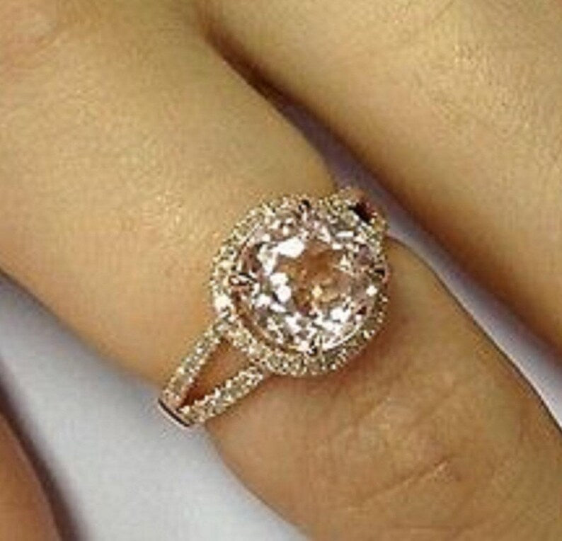 Morganite Solitaire Wedding Ring for Women, Pink Gemstone Ladies Wedding Ring, Halo ring Round Cut Sterling Silver 925