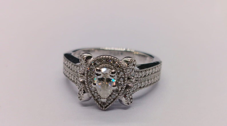 Bridal Ring Set — Pear Halo Moissanite, White Gold Finish, 925 Sterling Silver (2-Piece)