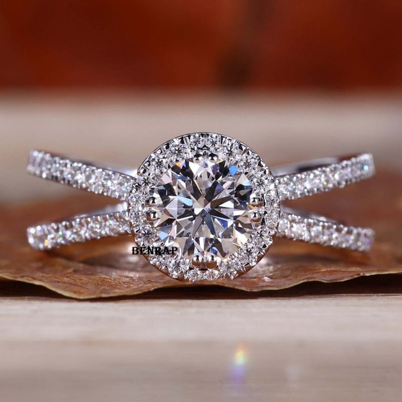 Halo Split Shank Moissanite Women's Engagement Ring, Sparkling Diamond Solitaire Wedding Ring, 14K White Gold Finish, Unique Bridal Ring Set