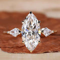 Women's Three Stone Marquise Engagement Ring With Side Kite Cut Sparkling Diamonds, 14K Gold Finish Unique Solitaire Wedding Bridal Ring