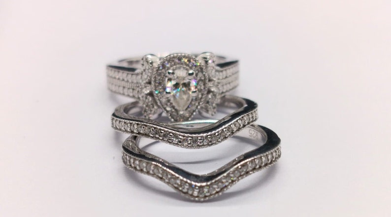 Bridal Ring Set — Pear Halo Moissanite, White Gold Finish, 925 Sterling Silver (2-Piece)