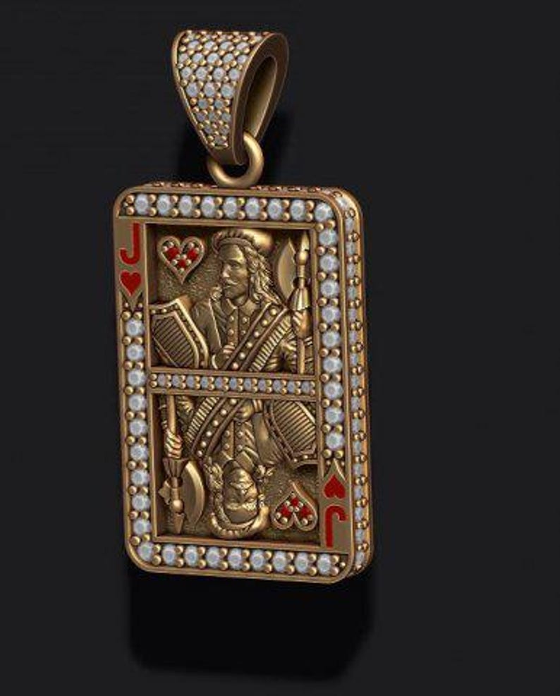 Hip Hop Pendant — Jack of Hearts Casino Card, Yellow Gold Finish, 925 Sterling Silver