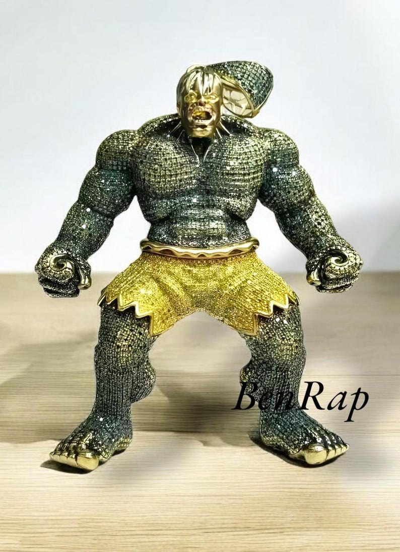 Hip Hop Pendant — Green Cartoon Hero, Yellow Gold Finish, 925 Sterling Silver
