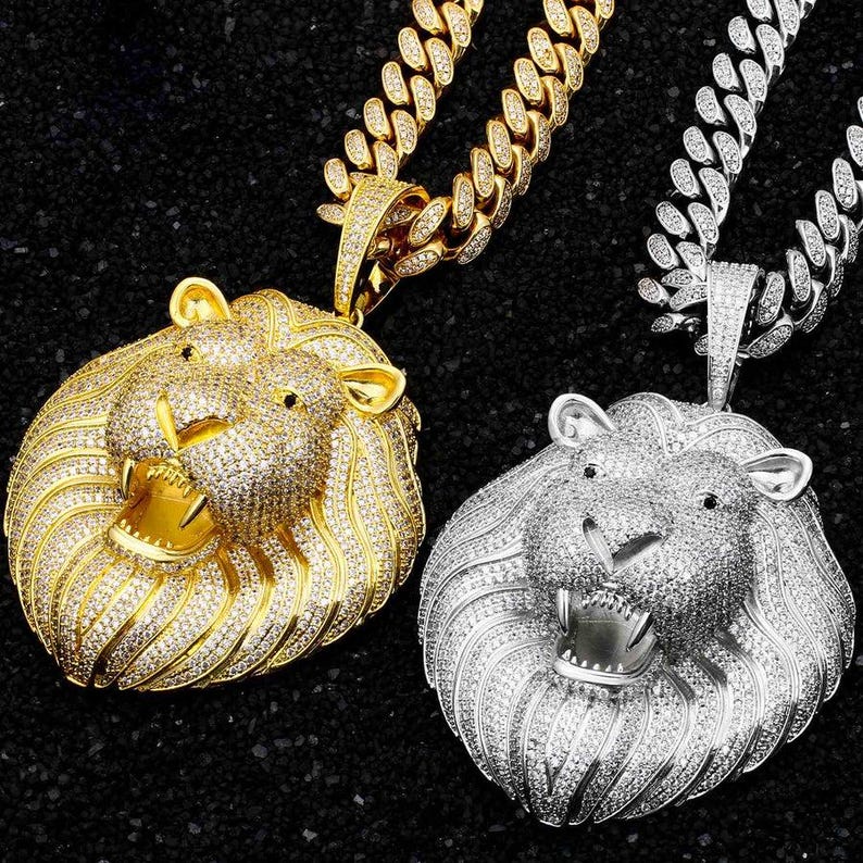 Hip Hop Pendant — Lion Head Pendant, Yellow Gold Finish, 925 Sterling Silver
