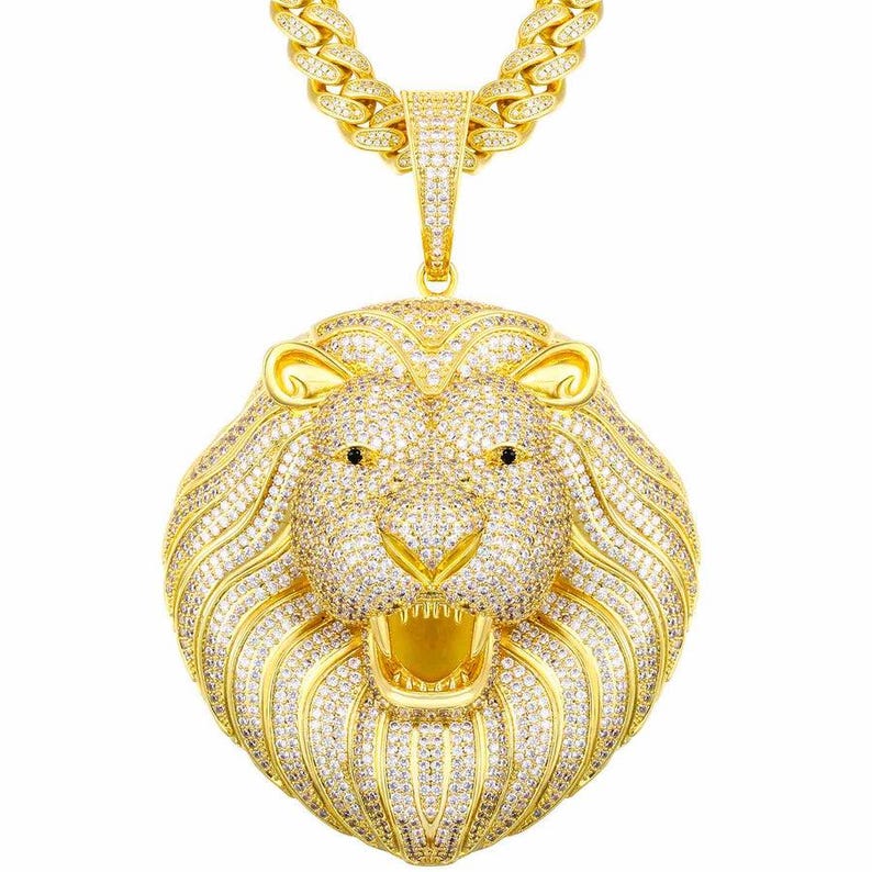 Hip Hop Pendant — Lion Head Pendant, Yellow Gold Finish, 925 Sterling Silver