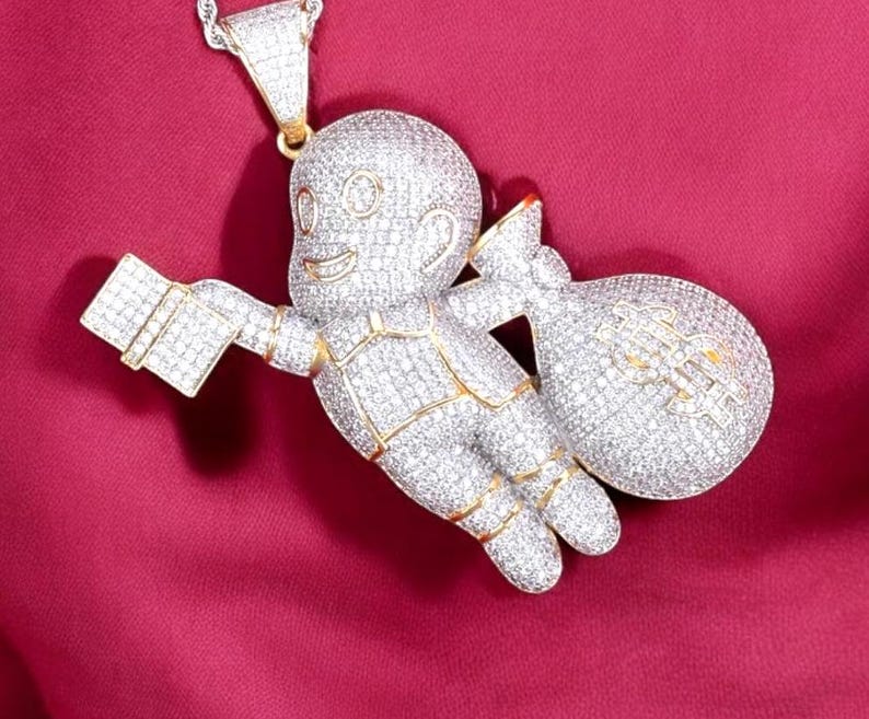 Hip Hop Pendant — Money Bag Boy Pendant, Yellow Gold Finish, 925 Sterling Silver