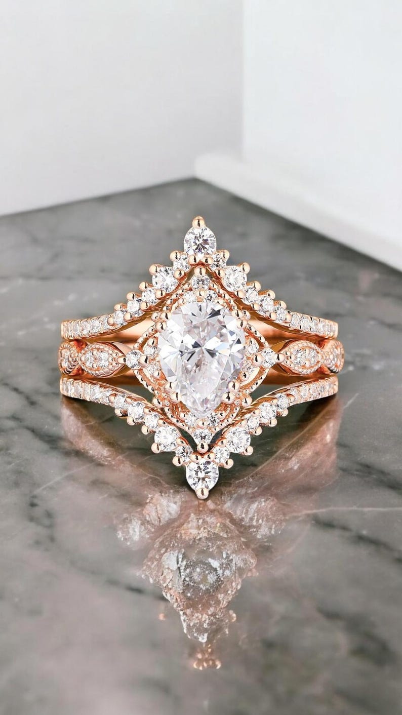Moissanite Engagement Ring Set, Vintage Unique Rose Gold Plated 3PCS Wedding Ring Set For Women, Art deco Cluster Bridal Set Promise Ring