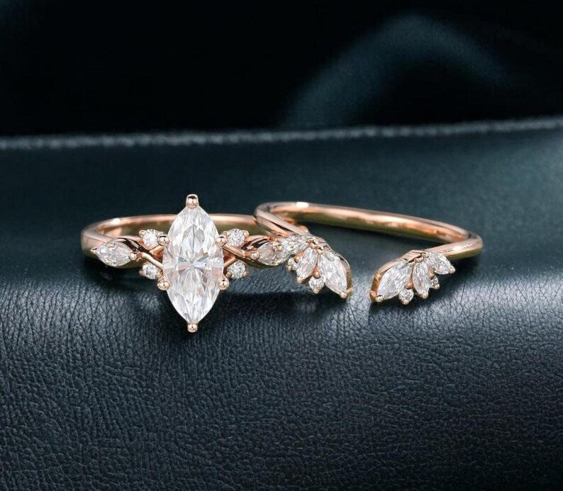Unique Marquise cut moissanite engagement Bridal ring set, Vintage rose gold plated diamond rings for women, Anniversary promise ring set