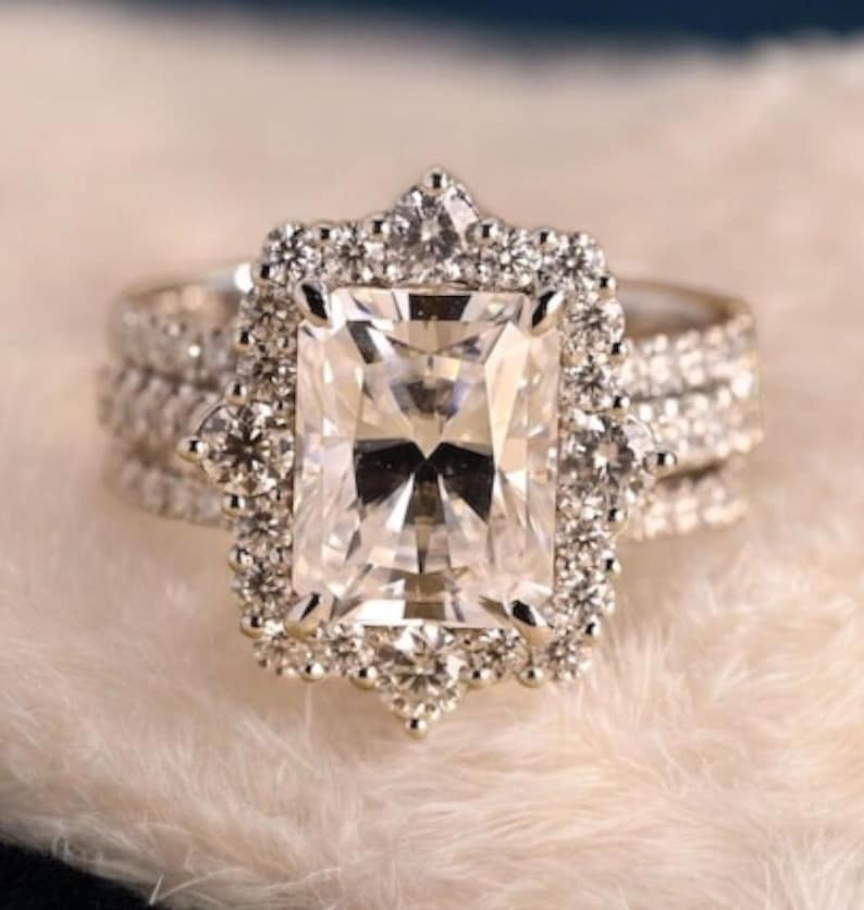 White Gold Plated Radiant Moissanite Engagement Ring Set, Enhancer Wedding Band Set, Bridal Set, Anniversary/ Birthday Gift for Woman