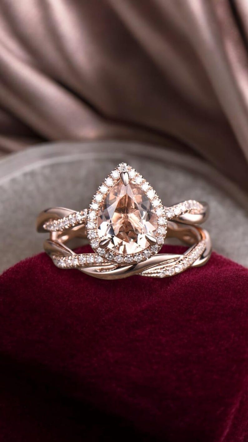 Bridal Ring Set — Teardrop Morganite Pear Shape Twisted, Rose Gold Finish, 925 Sterling Silver (2-Piece)