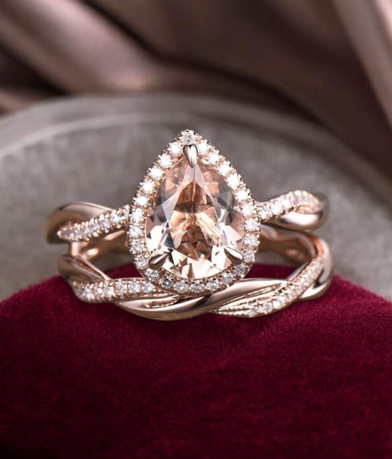 Bridal Ring Set — Teardrop Morganite Pear Shape Twisted, Rose Gold Finish, 925 Sterling Silver (2-Piece)