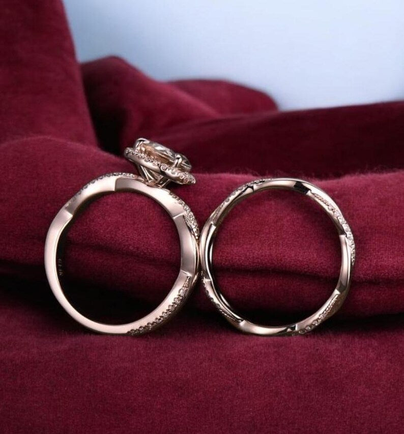 Bridal Ring Set — Teardrop Morganite Pear Shape Twisted, Rose Gold Finish, 925 Sterling Silver (2-Piece)