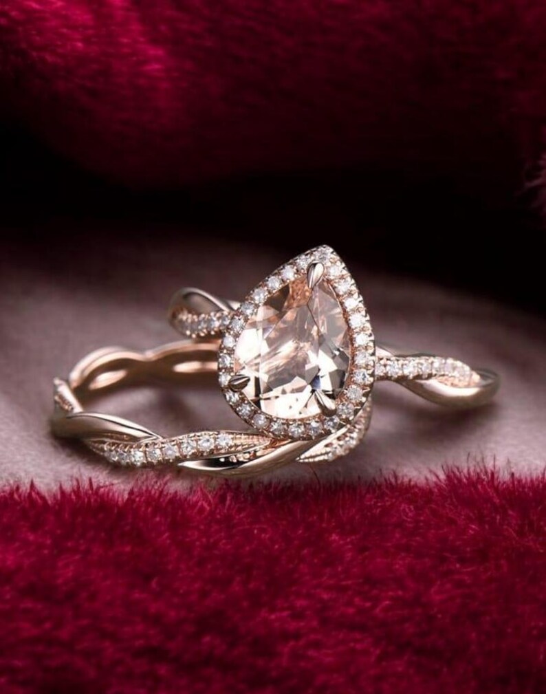 Bridal Ring Set — Teardrop Morganite Pear Shape Twisted, Rose Gold Finish, 925 Sterling Silver (2-Piece)