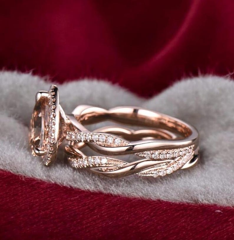 Bridal Ring Set — Teardrop Morganite Pear Shape Twisted, Rose Gold Finish, 925 Sterling Silver (2-Piece)