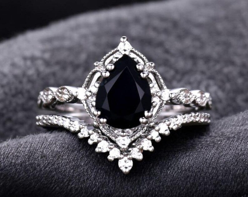 Bridal Ring Set — Pear Shaped Black Onyx with Curved Stacking Band, Yellow Gold Finish, 925 Sterling Silver (2-Piece)
