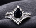 Bridal Ring Set — Pear Shaped Black Onyx with Curved Stacking Band, Yellow Gold Finish, 925 Sterling Silver (2-Piece)
