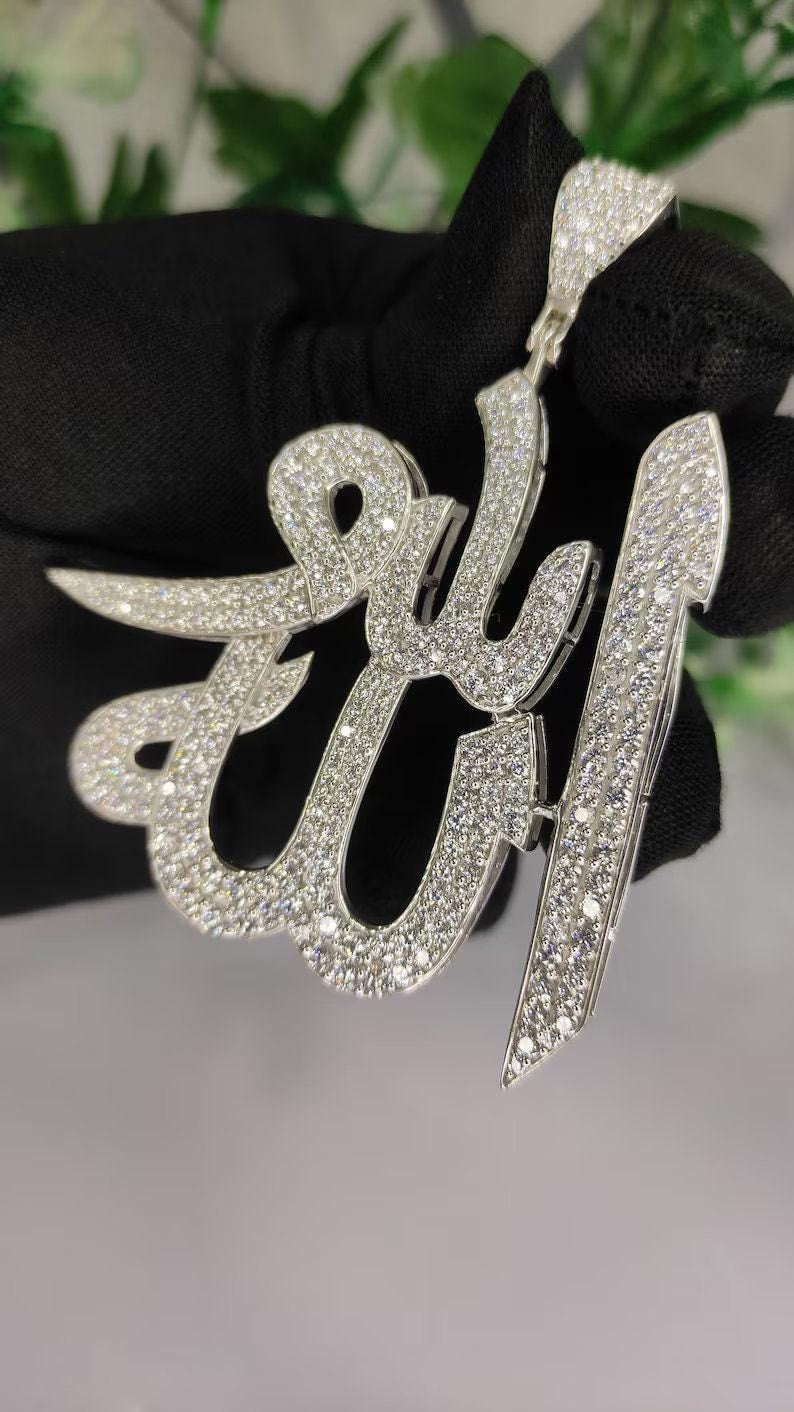 Hip Hop Pendant — Allah Islamic Religious Pendant, Yellow Gold Finish, 925 Sterling Silver