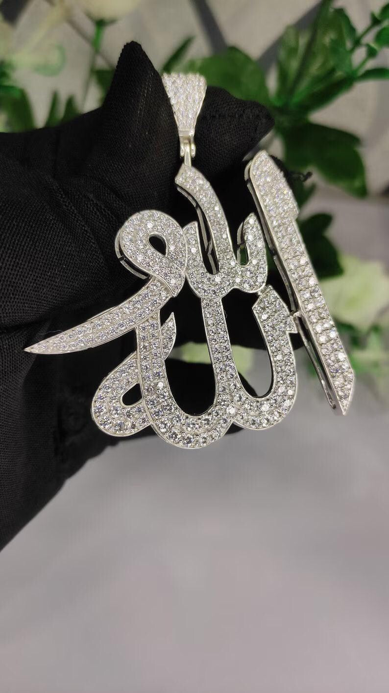 Hip Hop Pendant — Allah Islamic Religious Pendant, Yellow Gold Finish, 925 Sterling Silver