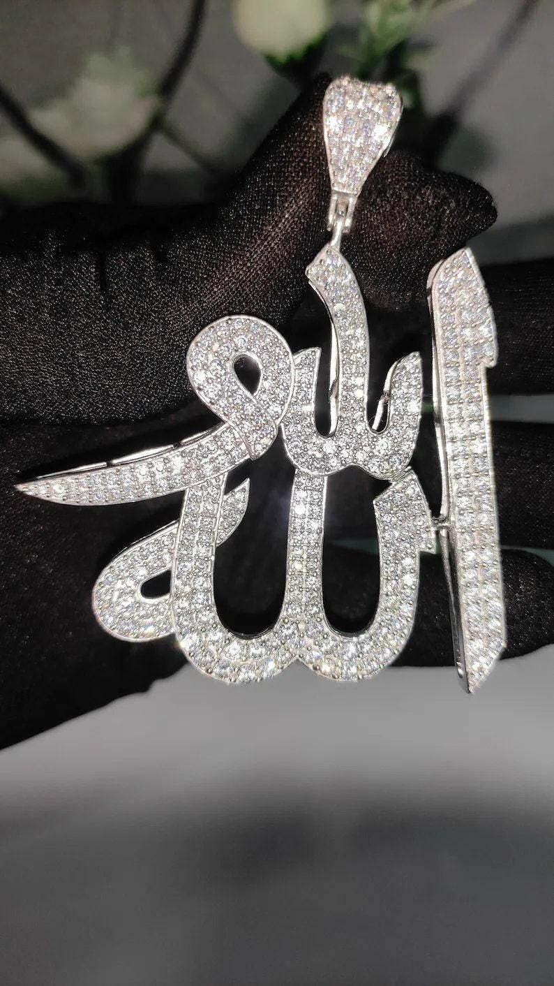 Hip Hop Pendant — Allah Islamic Religious Pendant, Yellow Gold Finish, 925 Sterling Silver