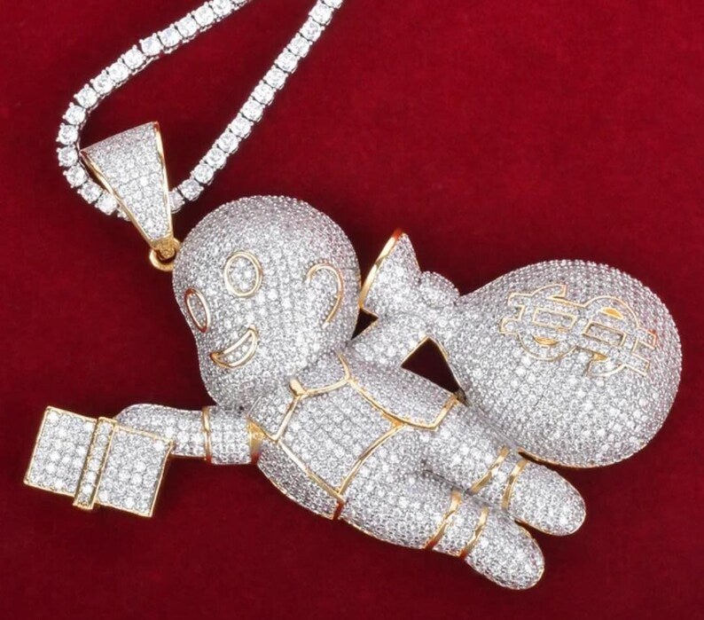 Hip Hop Pendant — Money Bag Boy Pendant, Yellow Gold Finish, 925 Sterling Silver