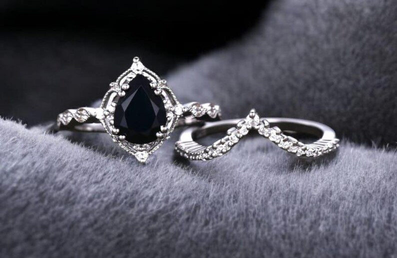 Bridal Ring Set — Pear Shaped Black Onyx with Curved Stacking Band, Yellow Gold Finish, 925 Sterling Silver (2-Piece)