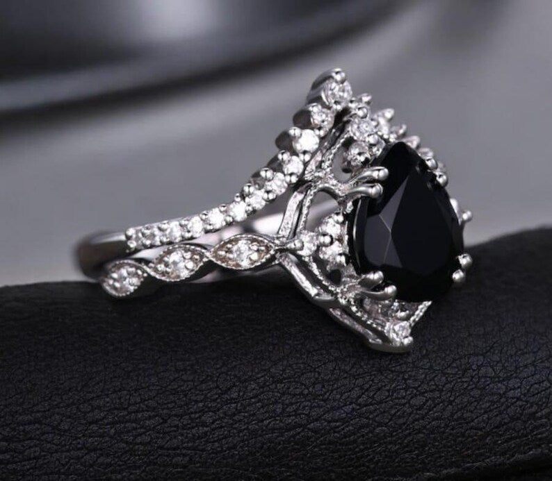 Bridal Ring Set — Pear Shaped Black Onyx with Curved Stacking Band, Yellow Gold Finish, 925 Sterling Silver (2-Piece)