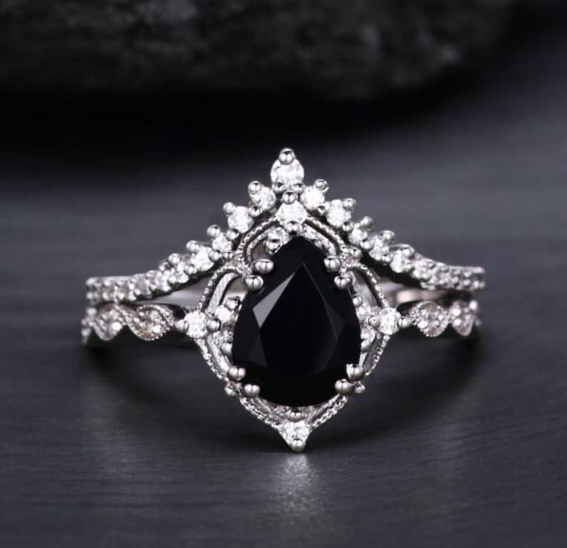 Bridal Ring Set — Pear Shaped Black Onyx with Curved Stacking Band, Yellow Gold Finish, 925 Sterling Silver (2-Piece)