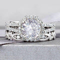Minimalist Moissanite Engagement Ring Set for Women / Round Diamond Ring & Half Eternity Wedding Band Set / Yellow, White, Rose Gold Bridal