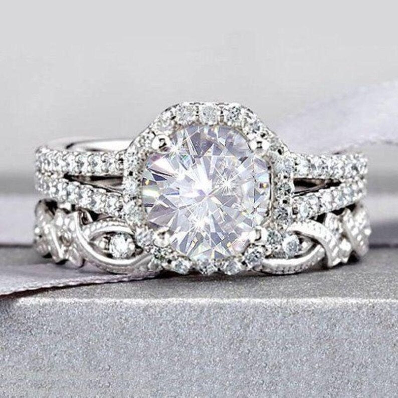 Minimalist Moissanite Engagement Ring Set for Women / Round Diamond Ring & Half Eternity Wedding Band Set / Yellow, White, Rose Gold Bridal