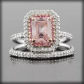 Pink Morganite Handmade Engagement Ring Set, Emerald Cut Vintage Unique Rose Gold Over 3PCS Wedding Rings, Women Cluster Bridal Promise Ring