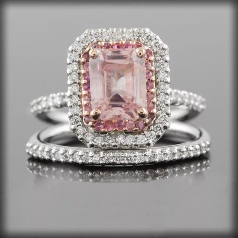 Pink Morganite Handmade Engagement Ring Set, Emerald Cut Vintage Unique Rose Gold Over 3PCS Wedding Rings, Women Cluster Bridal Promise Ring