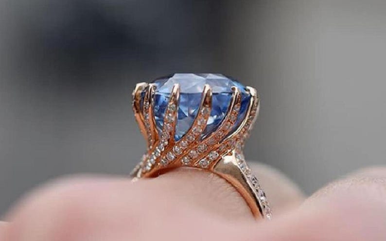 Round Cut Tanzanite Diamond Ring, Rose Gold Wave, Vintage Engagement