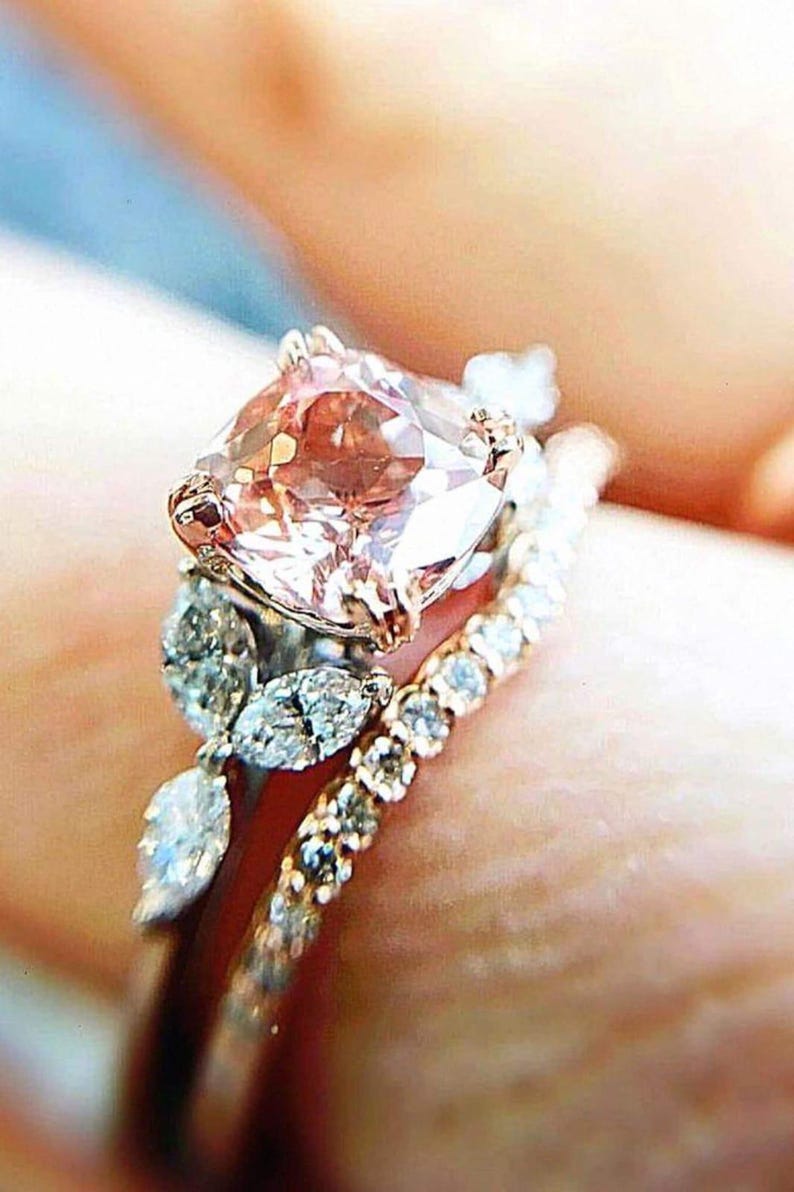 Bridal Ring Set — Cushion Cut Pink Stone, Rose Gold Finish, 925 Sterling Silver (2-Piece)
