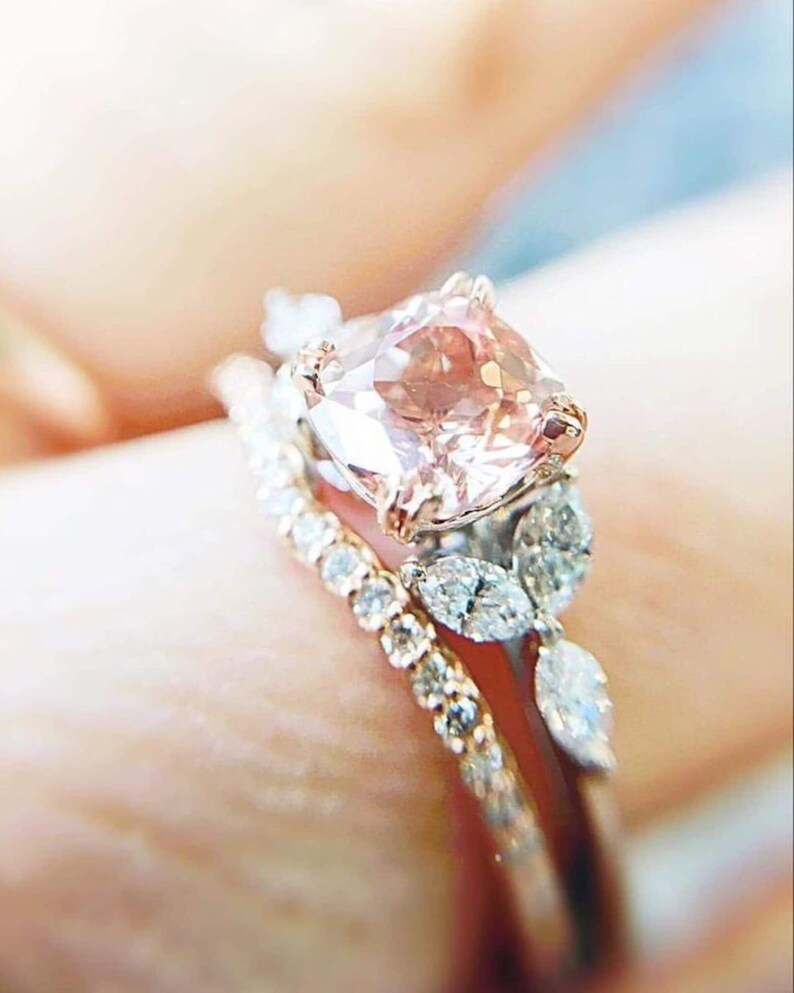 Bridal Ring Set — Cushion Cut Pink Stone, Rose Gold Finish, 925 Sterling Silver (2-Piece)