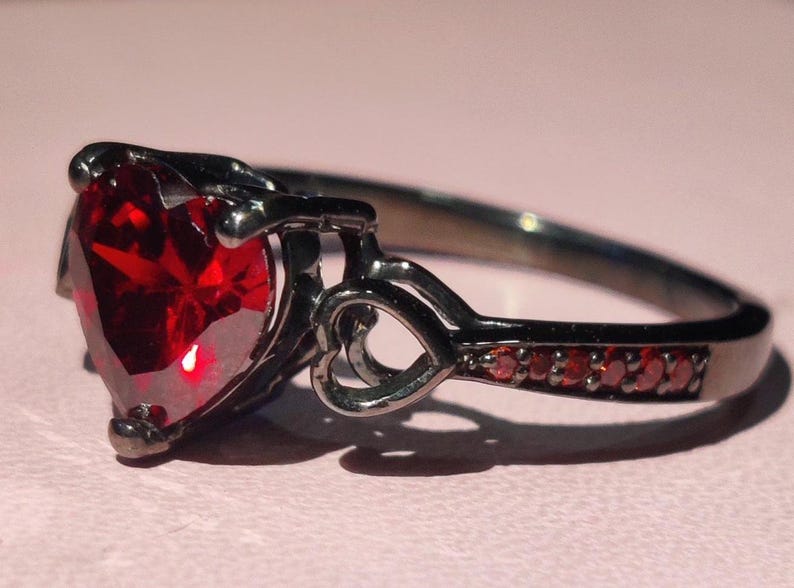 Red Garnet Heart Ring, Sterling Silver Engagement Band