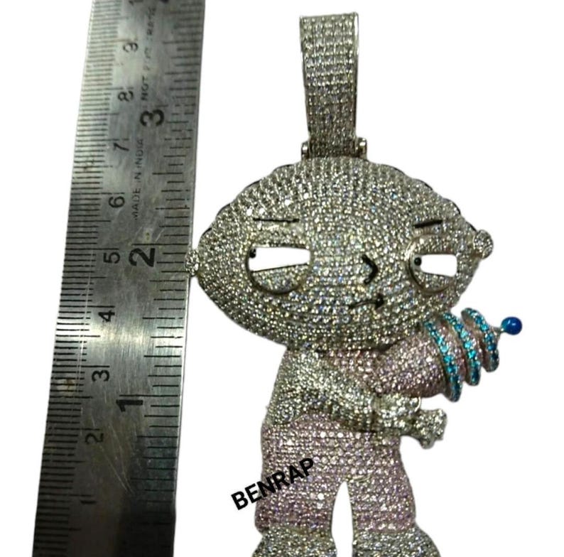 Hip Hop Pendant — Stewie Cartoon Medallion, White Gold Finish, 925 Sterling Silver