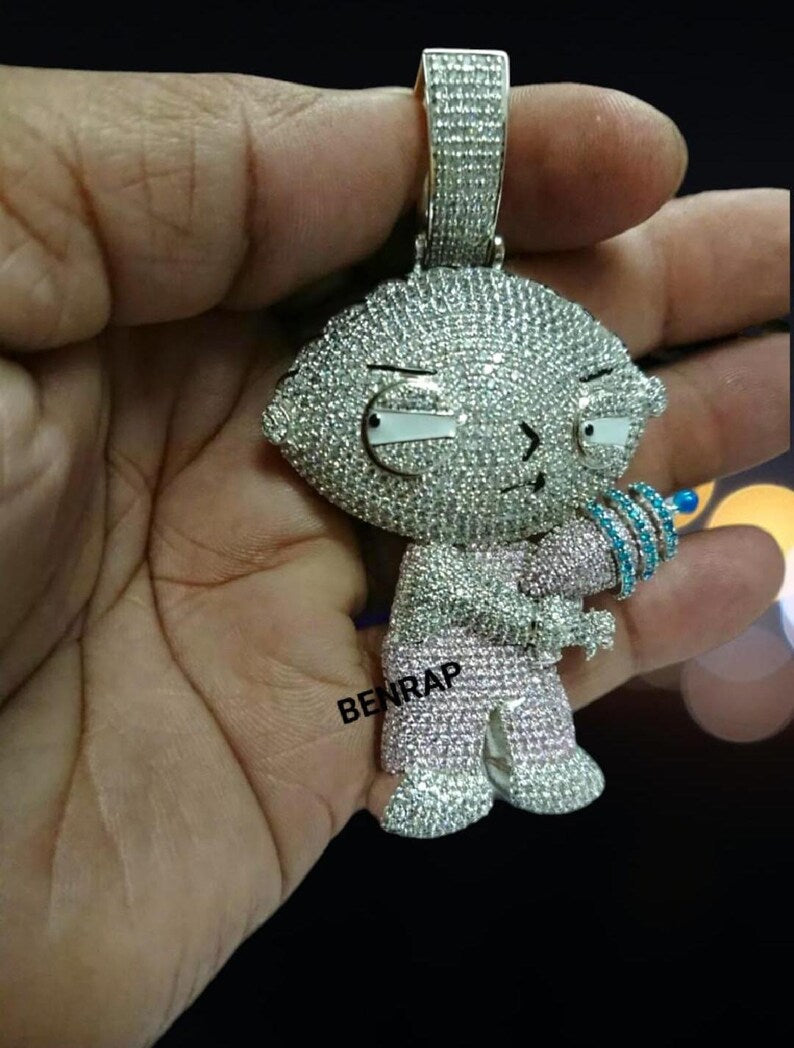 Hip Hop Pendant — Stewie Cartoon Medallion, White Gold Finish, 925 Sterling Silver