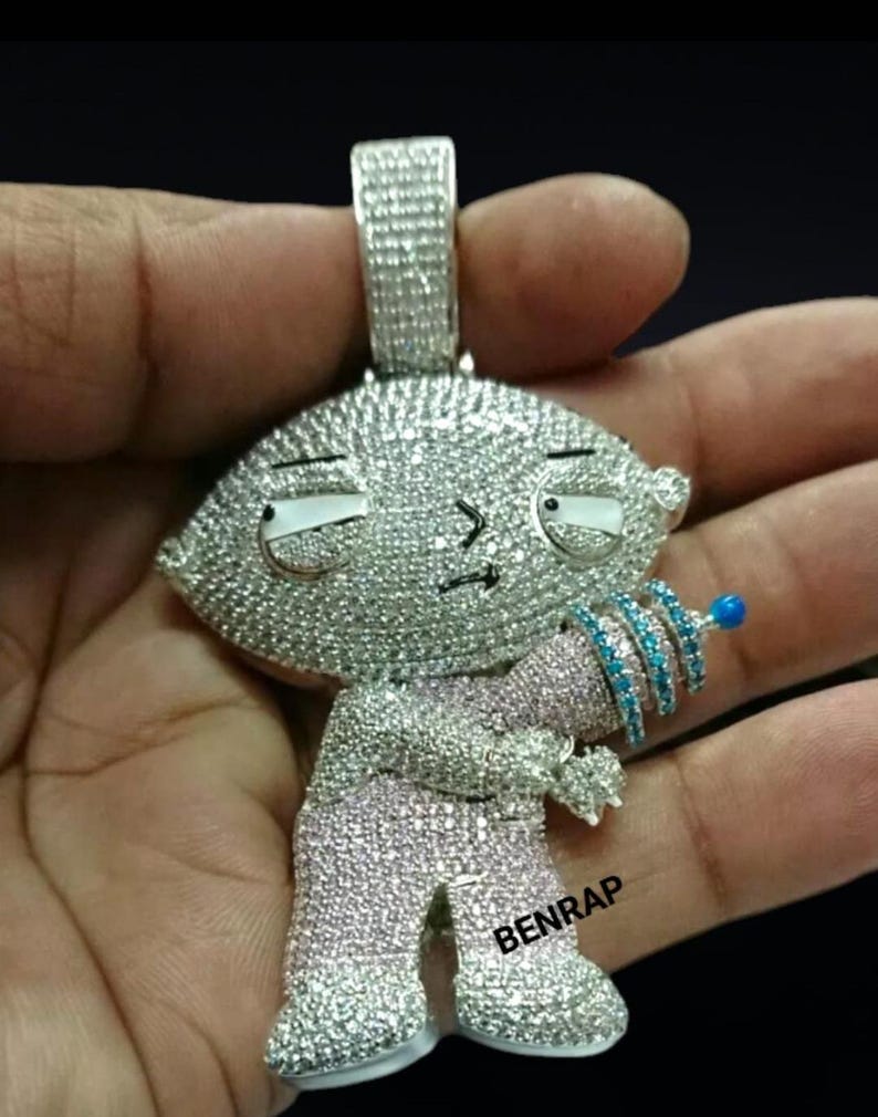 Hip Hop Pendant — Stewie Cartoon Medallion, White Gold Finish, 925 Sterling Silver