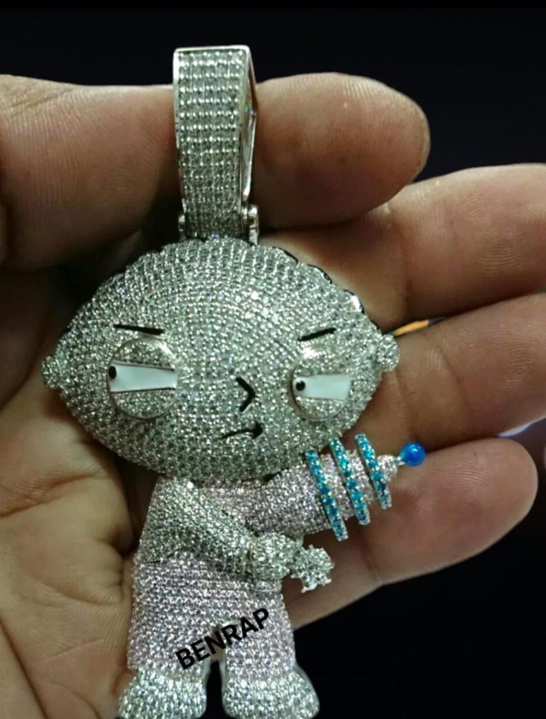 Hip Hop Pendant — Stewie Cartoon Medallion, White Gold Finish, 925 Sterling Silver