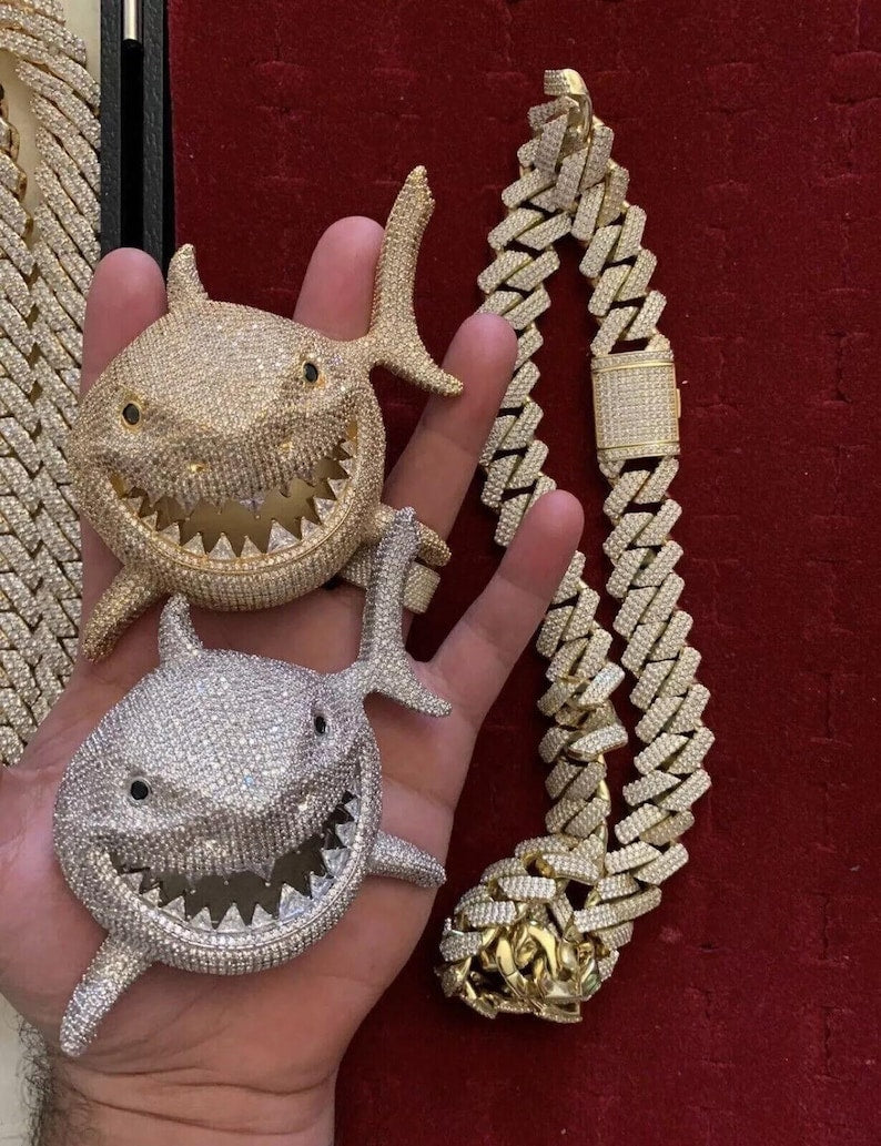 Hip Hop Pendant — Iced Out Shark Design, 925 Sterling Silver