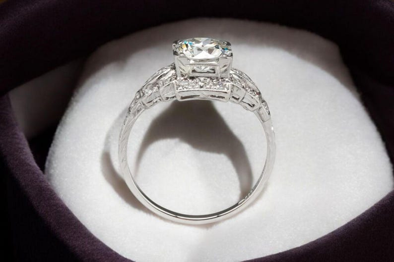 Engagement Ring — Vintage Engraved Shank Round Moissanite, White Gold Finish, 925 Sterling Silver