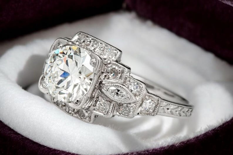 Engagement Ring — Vintage Engraved Shank Round Moissanite, White Gold Finish, 925 Sterling Silver