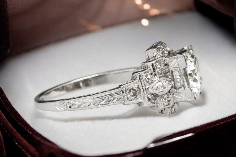 Engagement Ring — Vintage Engraved Shank Round Moissanite, White Gold Finish, 925 Sterling Silver